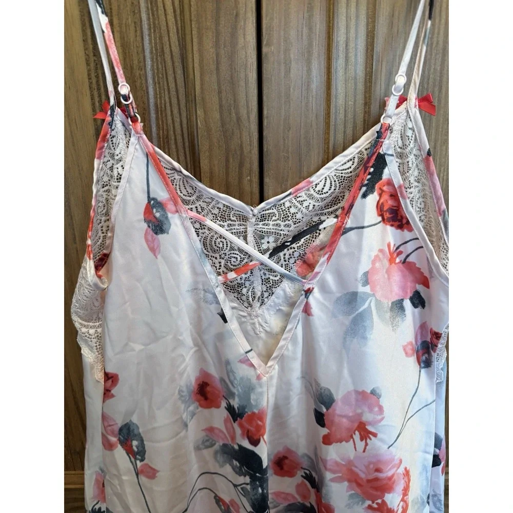Y2K Babydoll Romantic Oriental Floral‎ Print Lace Satin Slip Lingerie Dress M